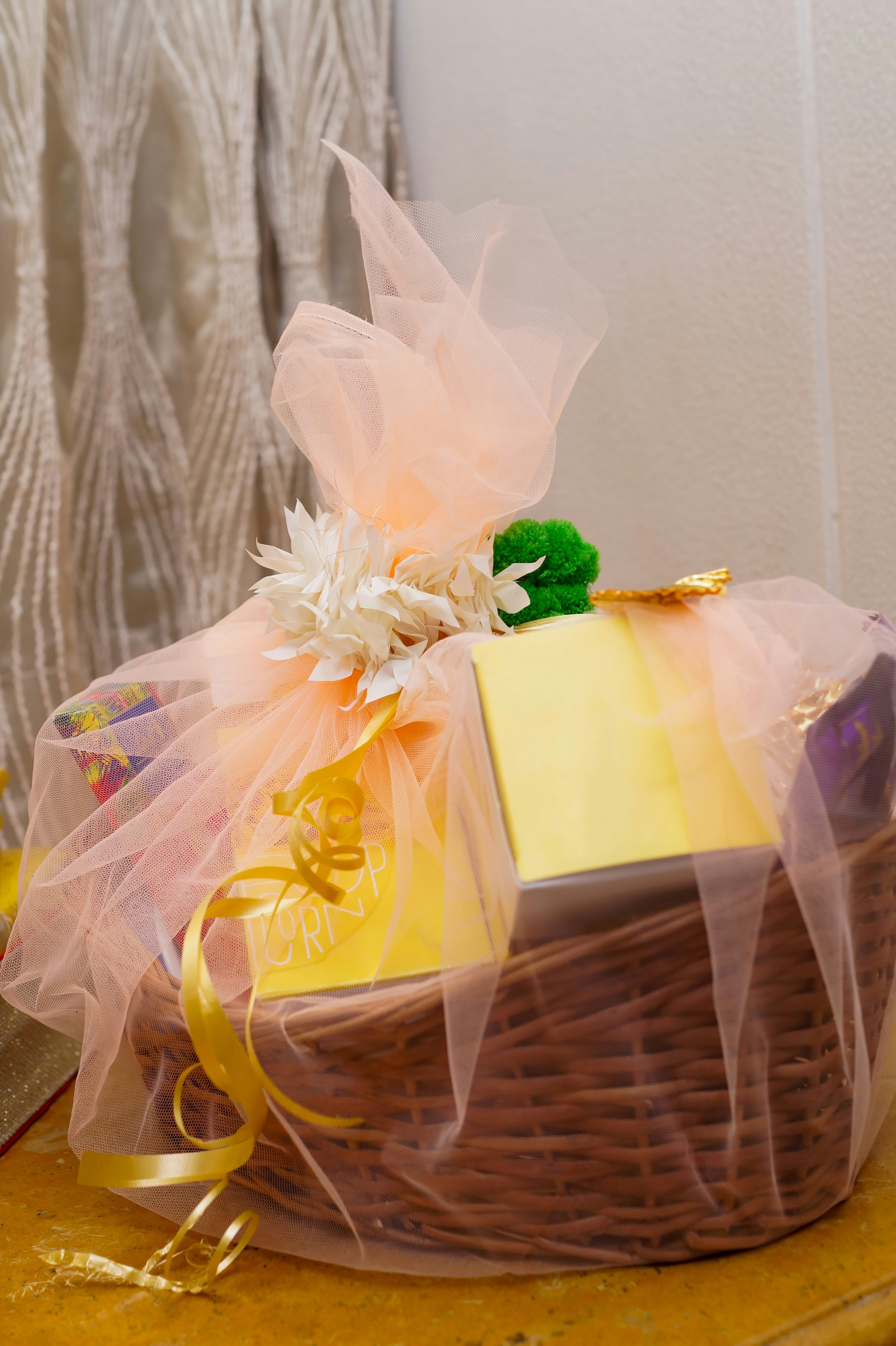 A wrapped gift basket